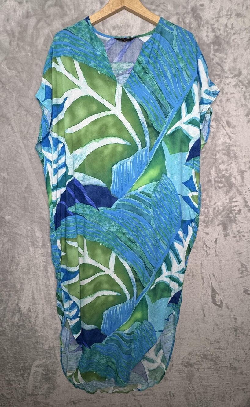 Jams World Dress Womens XS Blue Jay Tropical Kaftan V Neck Hawaiian Coverup